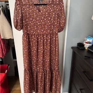Primark Brown and Copper Floral Midi Dress